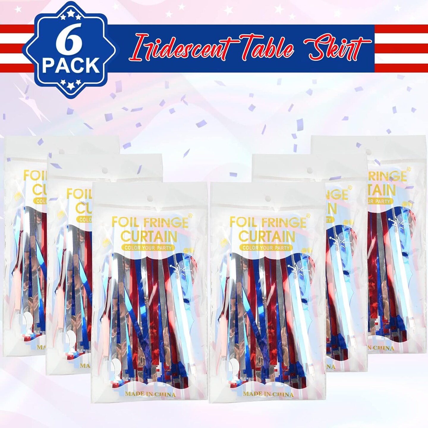 6 Pack 4th of July Table Skirt Decorations, Red Silver and Blue Patriotic Metallic Foil Fringe Tinsel Table Skirts, Fourth of July Table Decorations for Independence Memorial Veterans Day, 29x108 Inch