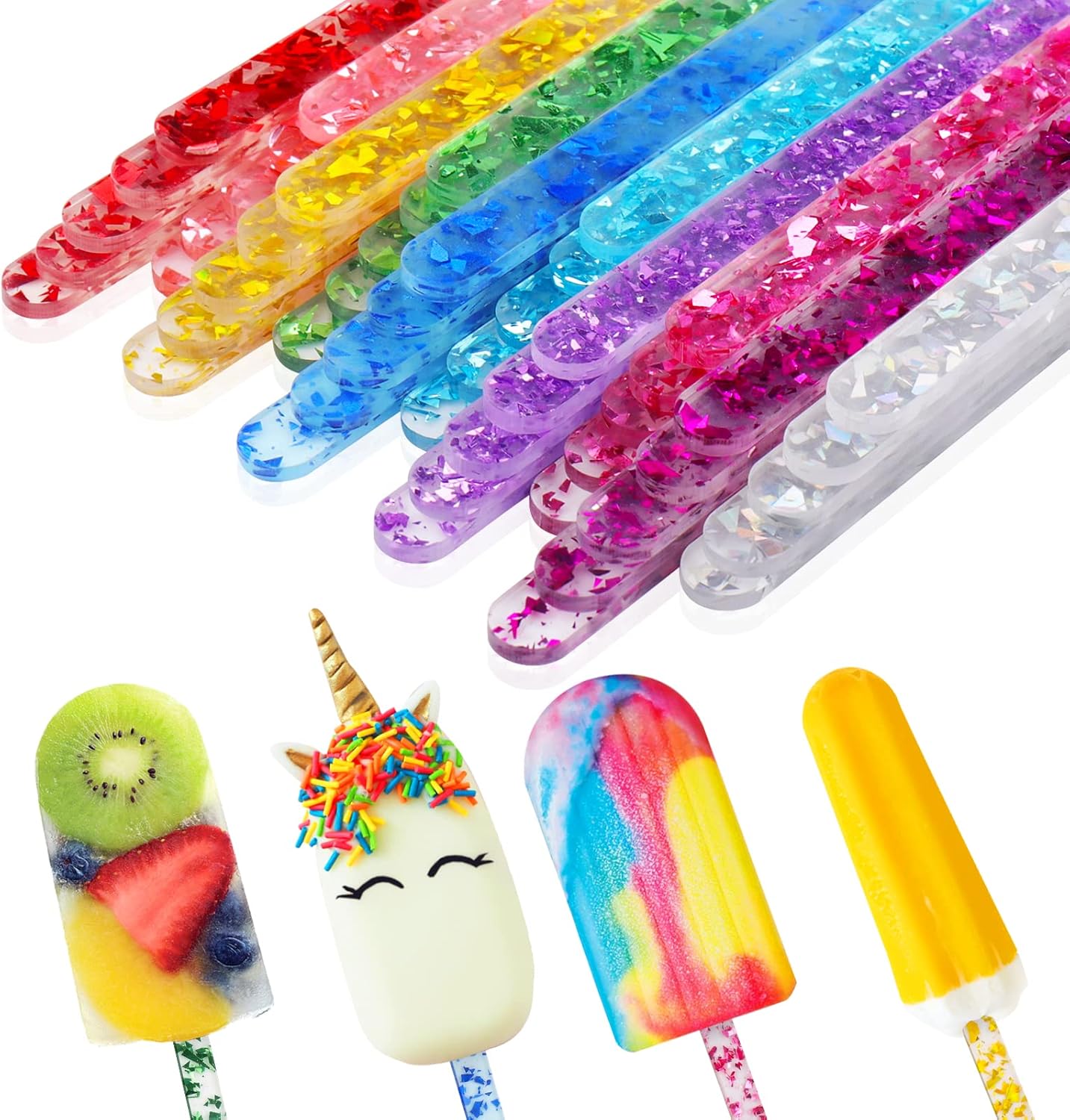 50Pcs Acrylic Popsicle Sticks, Reusable Cakesicle Sticks for Popsicles Molds DIY Ice Pop, Cake Pop,Candy Desert Making Crafts, 10 Colors