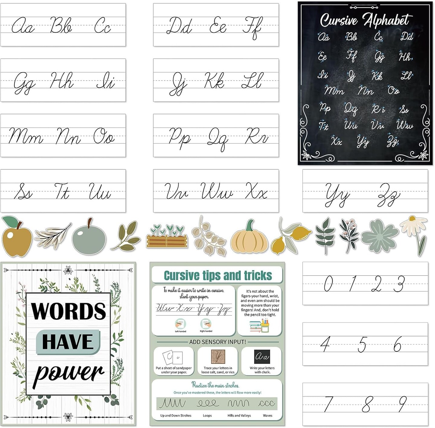 51 Pcs Farmhouse Cursive Alphabet and Number Line Bulletin Board Set