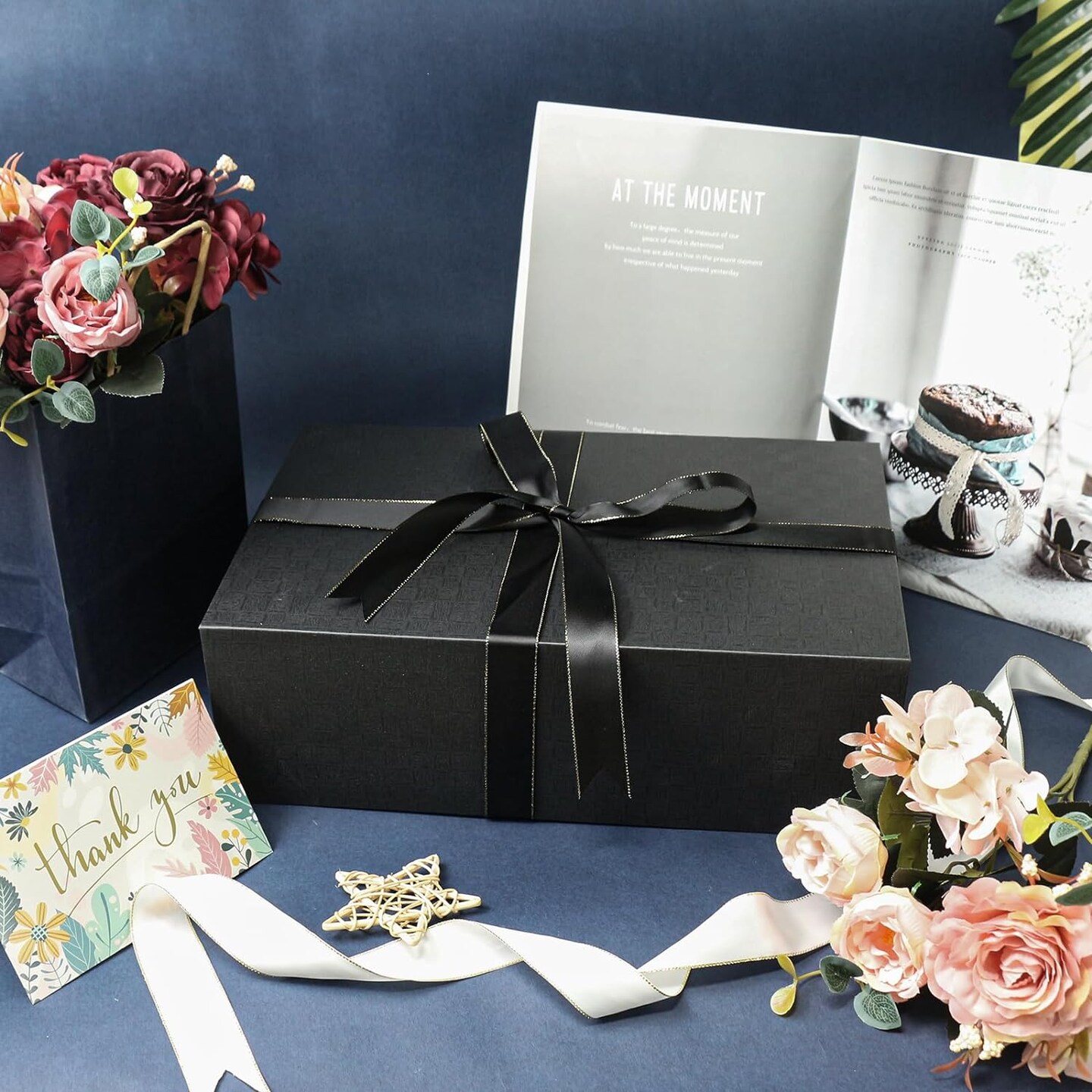Large Gift Box, Black Gift Box with Magnetic Closure Lid, Ribbon and Card, Present Box