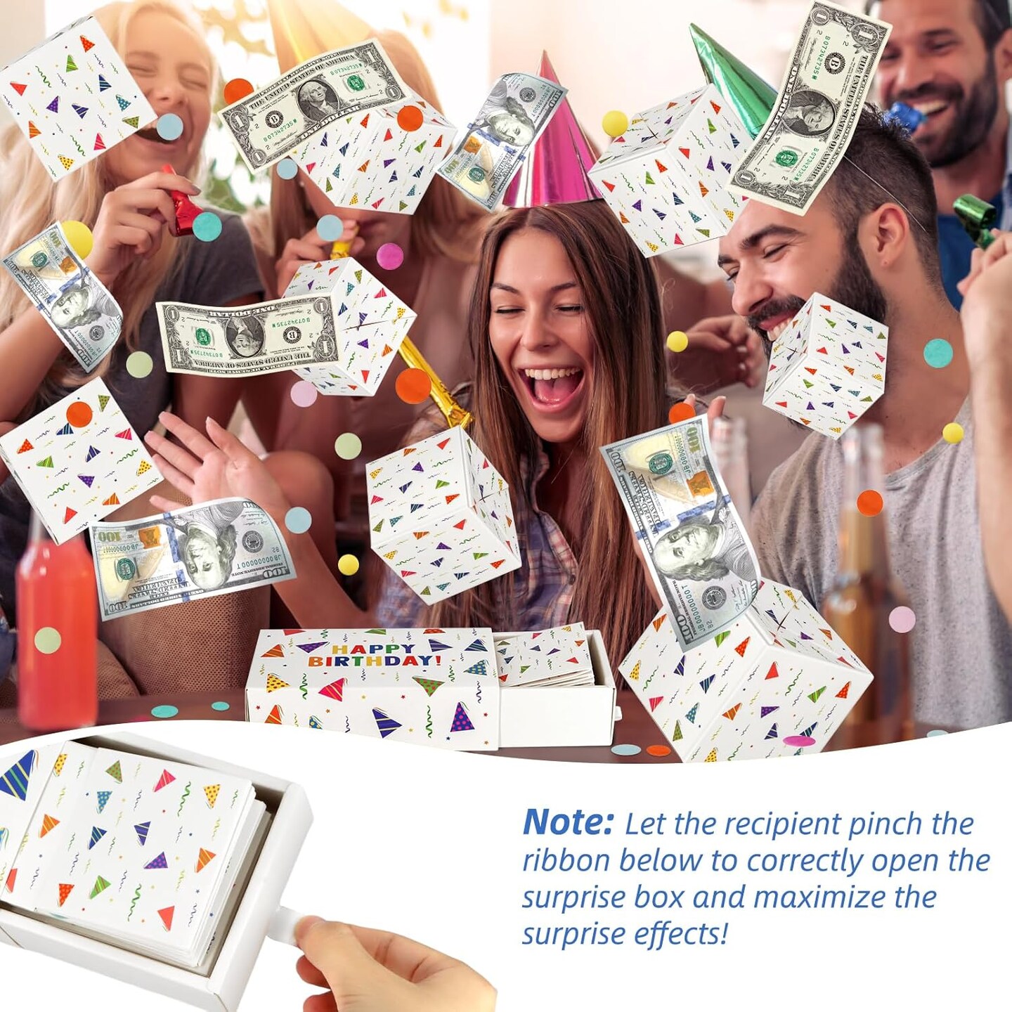 Happy Birthday Surprise Gift Box Explosion for Money - DIY Pop Out Folding Bounce Explosion Gift Box with Confetti - Birthday Money Bank - Cash Gift Idea for Women Men Kids (White)