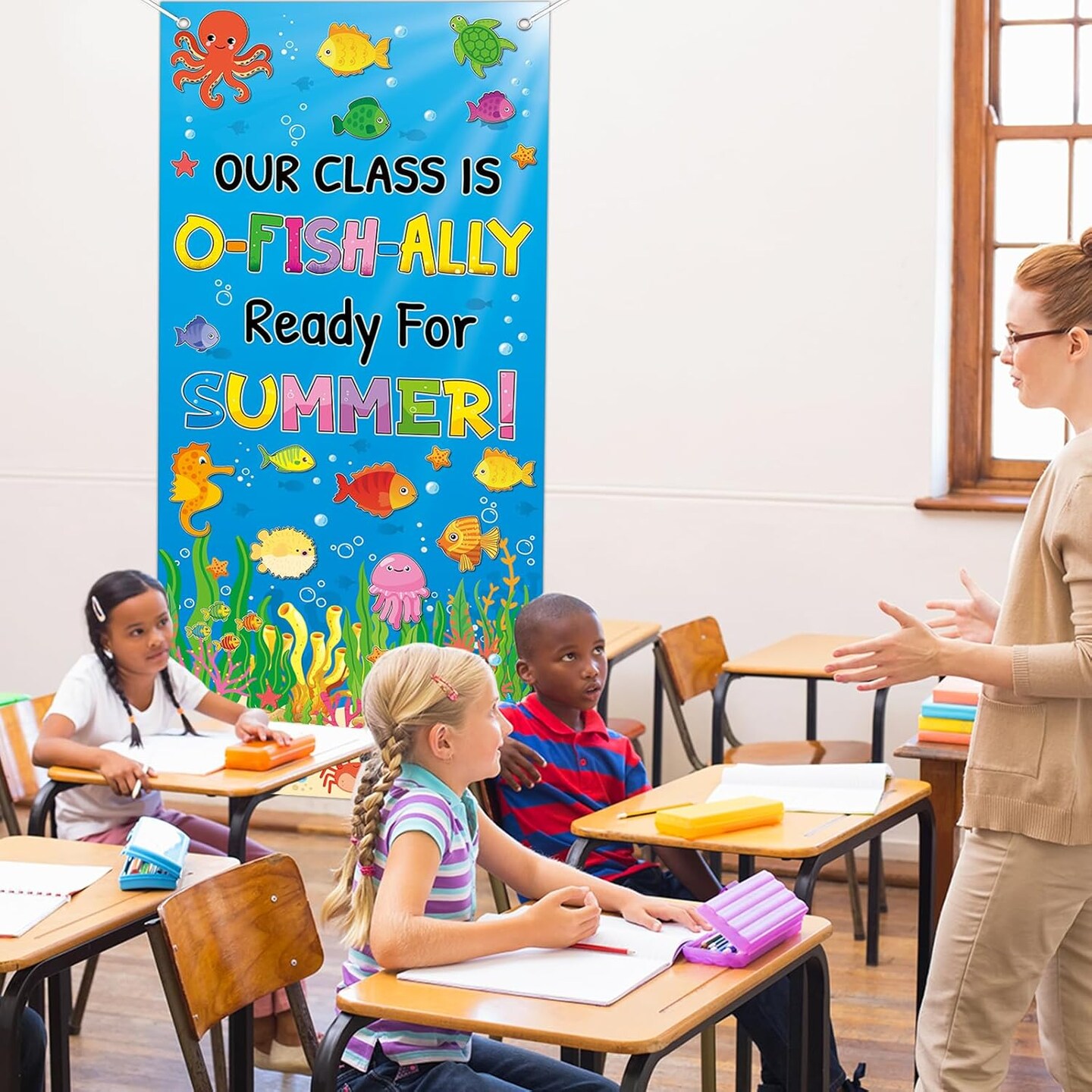 Summer Classroom Door Cover Decoration Our Class Is O-Fish-Ally Ready for Summer Door Banner Ocean Animal Porch Backdrop Sign for School Indoor Outdoor Wall Window Decor Teacher Supplies