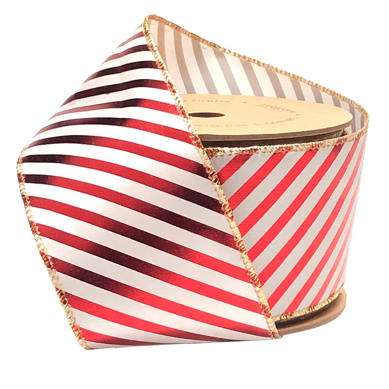 LaRibbons 2 1/2&#x22; Holiday Wired Ribbon | &#x22;Metallic Stripe&#x22; White/Red | 10 Yard Roll
