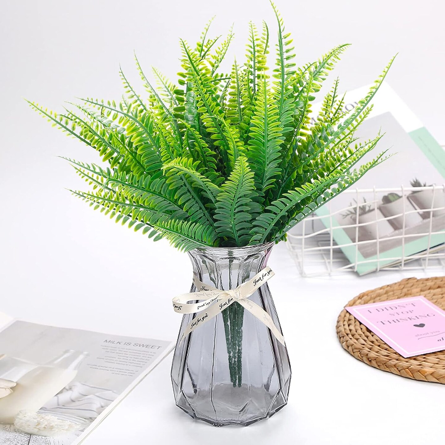 18 Pcs Artificial Ferns Plants Bushes Fake Boston Fern Shrubs Plastic Plant Greenery for Outdoor Indoor Home Garden D&#xE9;cor