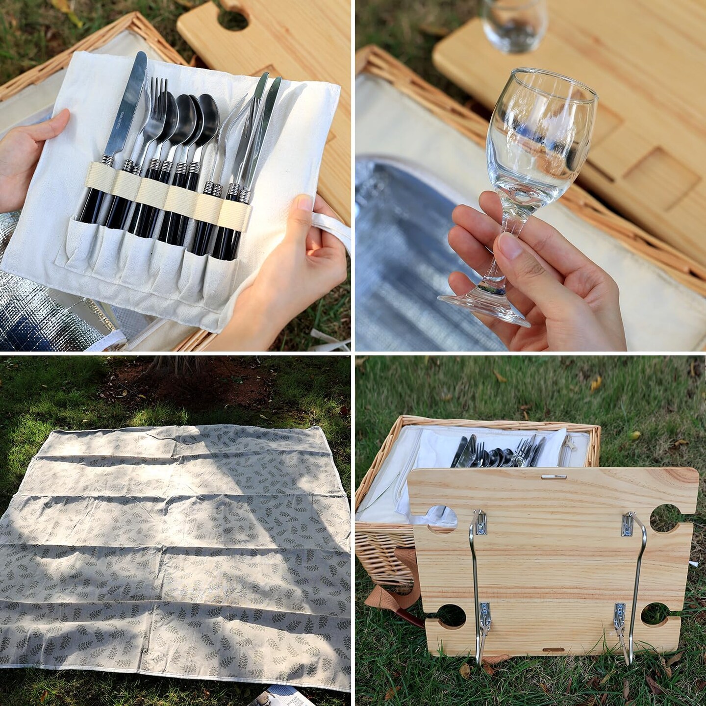 Picnic Basket for 4 with Mini Folding Wine Picnic Table &#x26; Large Insulated Cooler Bag &#x26; Cutlery Service Kits for 4 Person, Couples Gifts, Wedding Gifts (Y2307-4-CM)