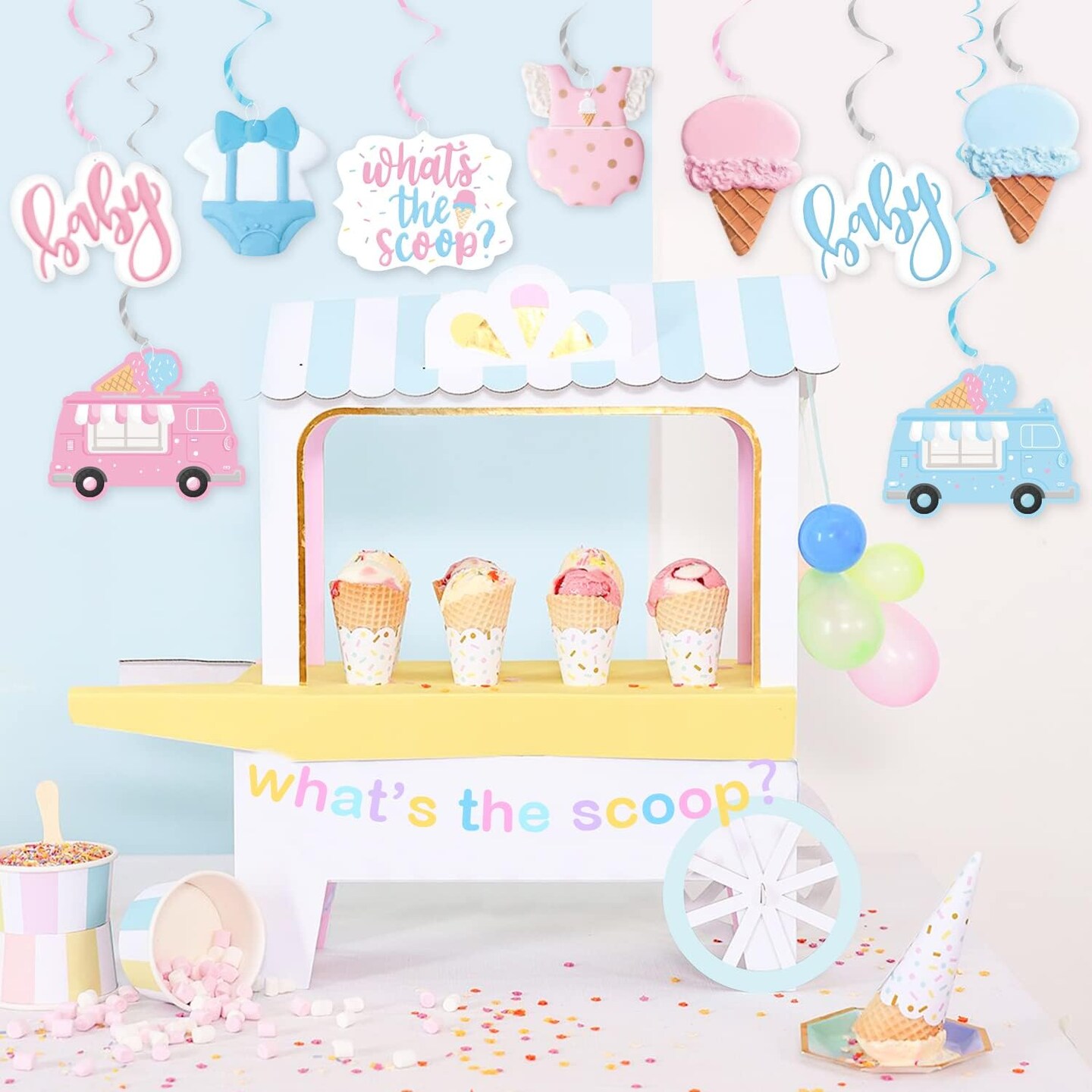 Ice Cream Gender Reveal Party Summer Decor, Pastel Ice Cream What&#x27;s the Scoop Hanging Swirls, Pink Blue Ceiling Streamers for Summer Ice Cream Theme He or She Boy or Girl Baby Shower Mom To Be Party Supplies