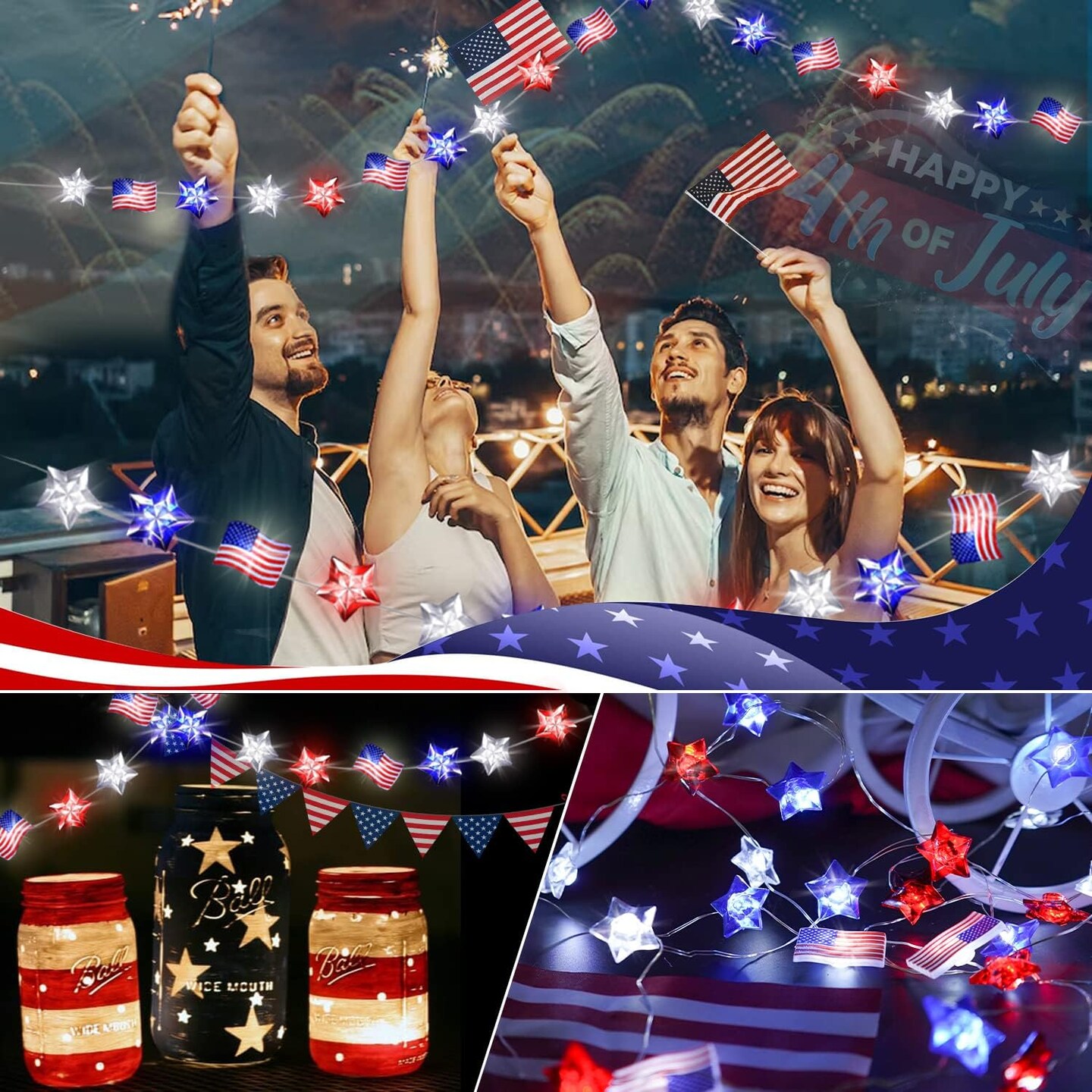 [ 8 Modes &#x26; Timer ] 2 Pack Red White and Blue Lights, 26 FT 80 LEDs 4th of July Star &#x26; Flags Lights Remote Battery Operated for Patriotic Memorial Day Independence Fourth of July Decorations