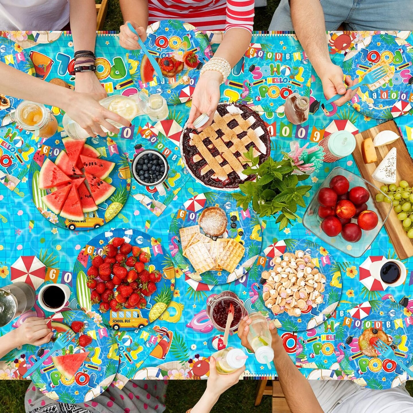 121 Pcs Goodbye School Hello Pool Party Tableware Set Includes 48 Pcs Plates 24 Pcs Napkins 24 Pcs Forks 24 Pcs Knives 1 Pcs Disposable Tablecloth for 24 Guests Pool Disposable Party Favors