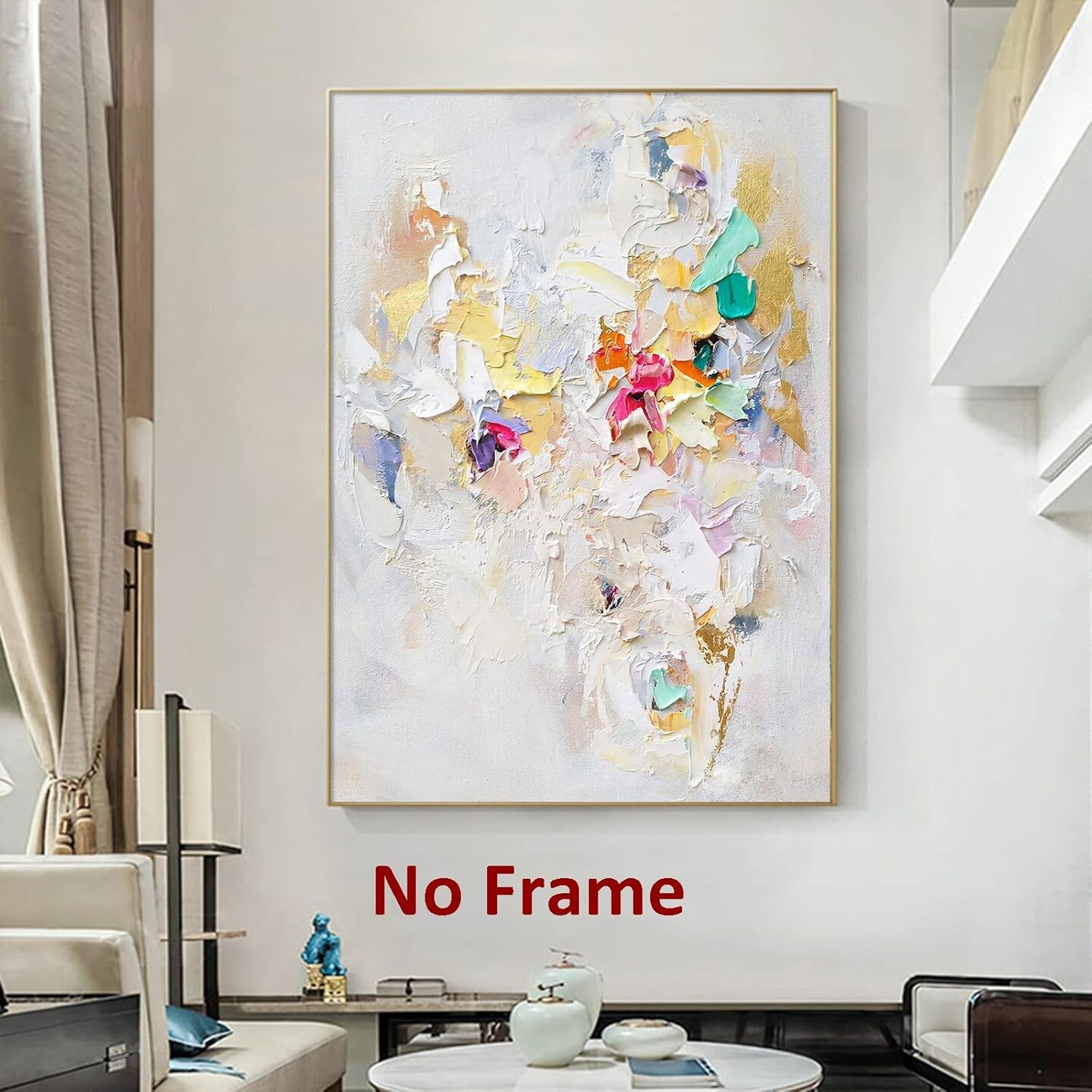 Modern Wall Art, 16x24in Frameless Abstract Painting, White Texture Art, Colorful Yellow Pink and Green, Decorative Wall Art for Living Room Bedroom
