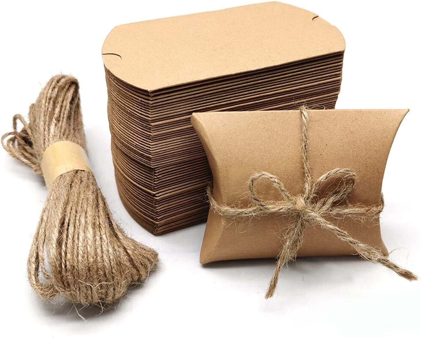 60-Pack Kraft Paper Pillow Candy Boxes with Jute Rope – Foldable Rustic Gift Boxes for Weddings, Parties, Birthdays, Holidays & Event Favors (Brown)