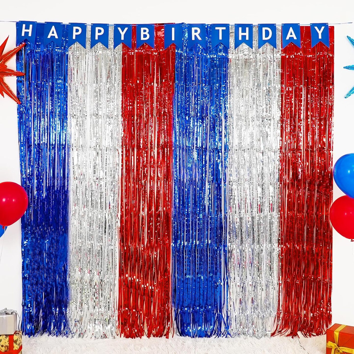 4th of July &#x26; Veterans Day Decorations, 2 Packs 3.3 x 6.6 ft Red White and Blue Foil Fringe Curtains, Tinsel Streamers for Patriotic Parties