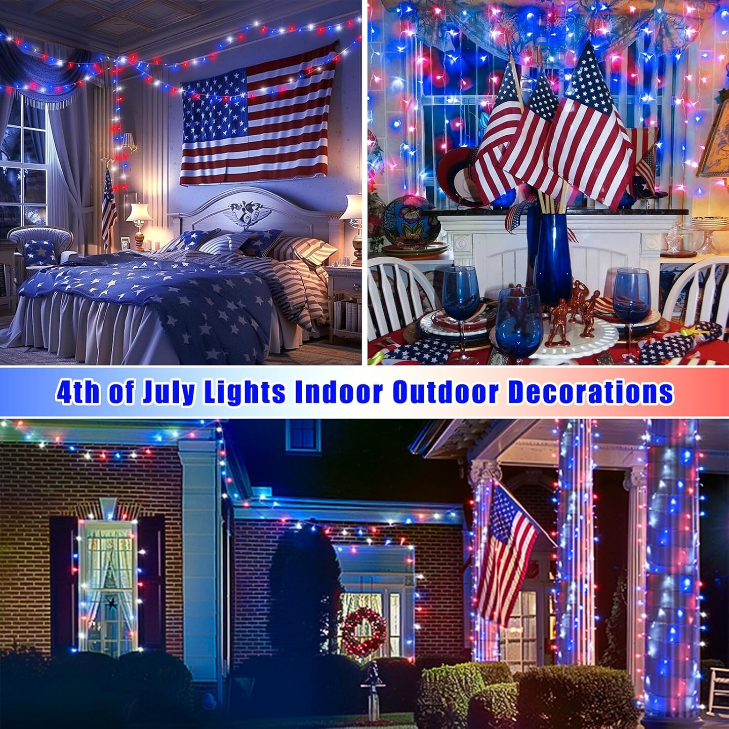 Red White and Blue Lights, Connectable Led String Lights Outdoor Waterproof, 4th of July Decoration Lights for Independence Day Resurgence Decorations, EXS-S-0200