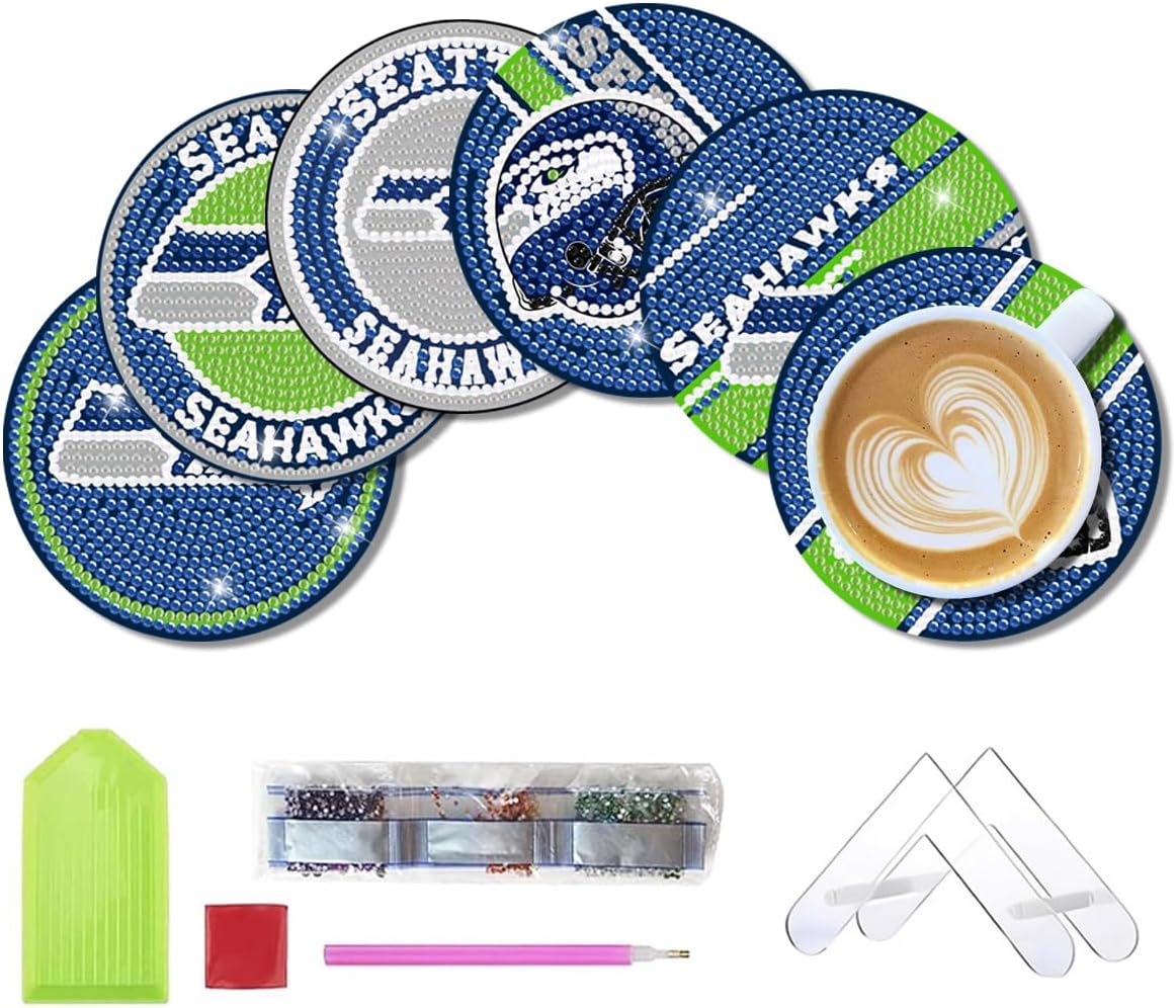 6 Pcs Diamond Paintings Coasters Kits with Holder,DIY Football Diamond Art Coasters for Adults Kids, Diamond Dot Kits for Seattle Craft Gifts