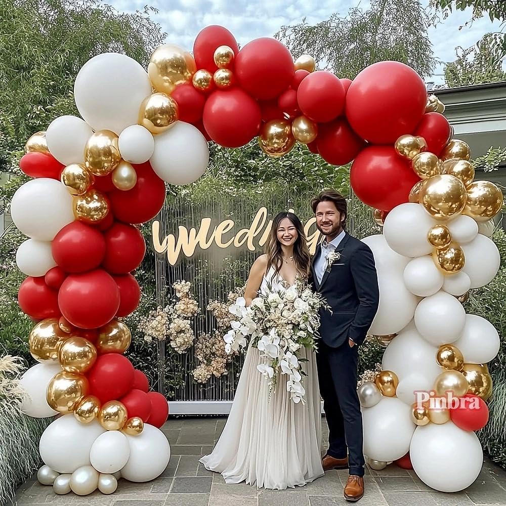 Red White Gold Balloon Arch Double Stuffed Ruby Red White Metallic Gold Balloon Garland Kit