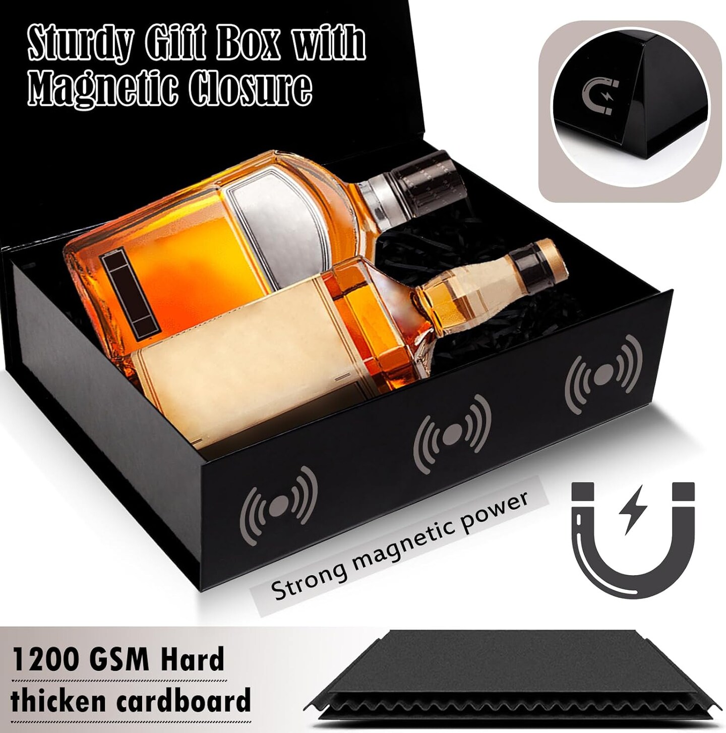 Large Gift Box with Lid, 13.5 x 10 x 3.5 Inch Black Magnetic Gift Box for Presents with Card, Ribbon, Filler, Collapsible Boxes of Paper for Birthday, Wedding (Glossy)