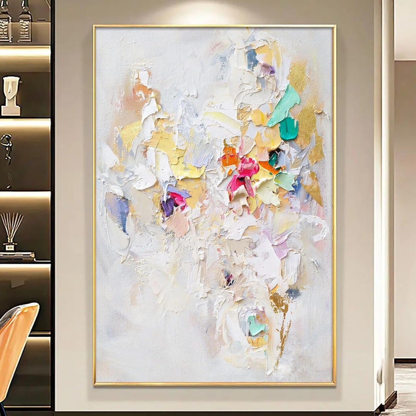 Modern Wall Art, 16x24in Frameless Abstract Painting, White Texture Art, Colorful Yellow Pink and Green, Decorative Wall Art for Living Room Bedroom