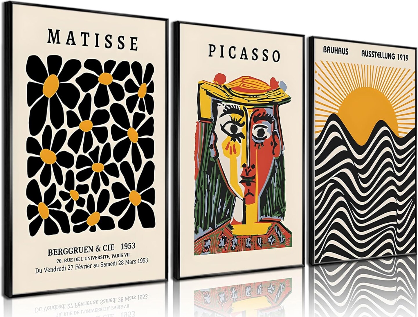 3 Pcs Picasso Matisse Bauhaus Wall Art Set Minimalist Geometric Canvas Paintings Orange Black Modern Minimalist Wall Decor Prints Posters Pictures Living Room Gallery Bedroom Decoration (Unframed,