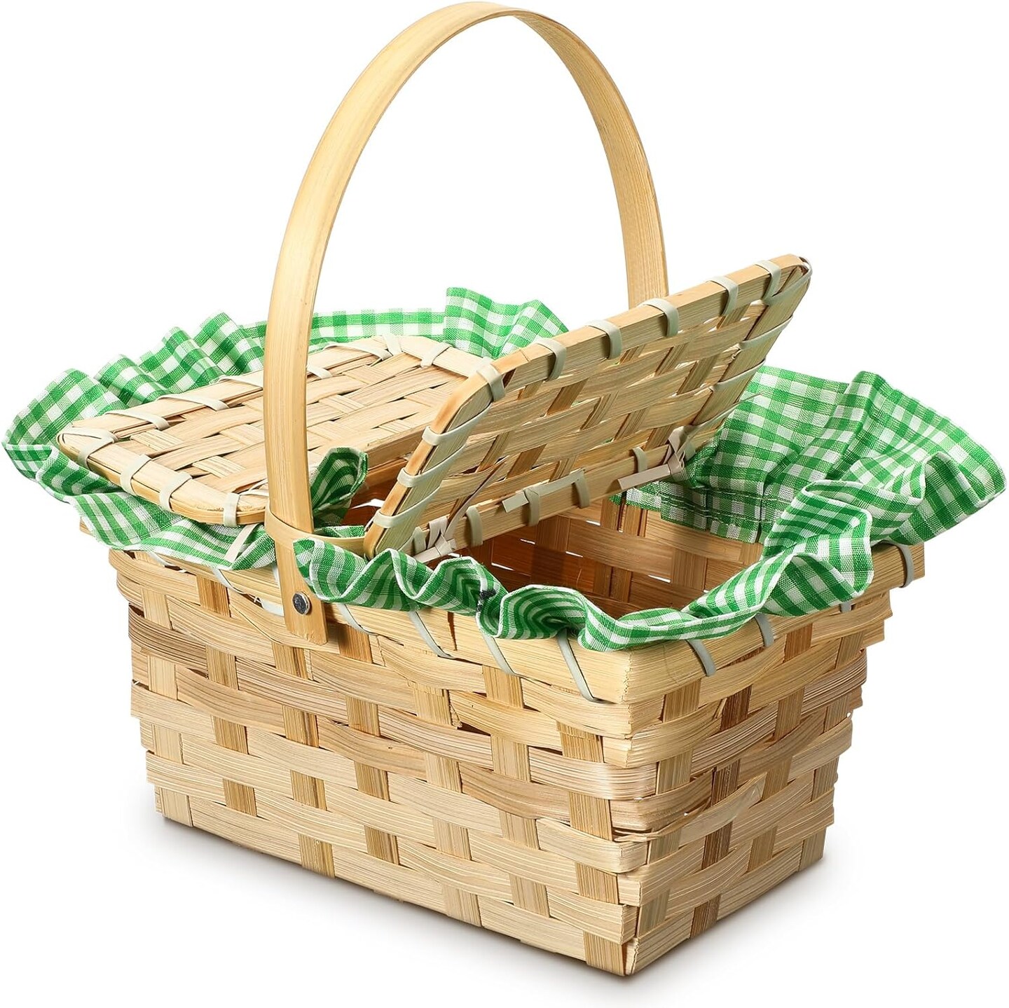 Mini Picnic Basket with Lid and Handle Small Gingham Woven Picnic Hamper (Green and White)