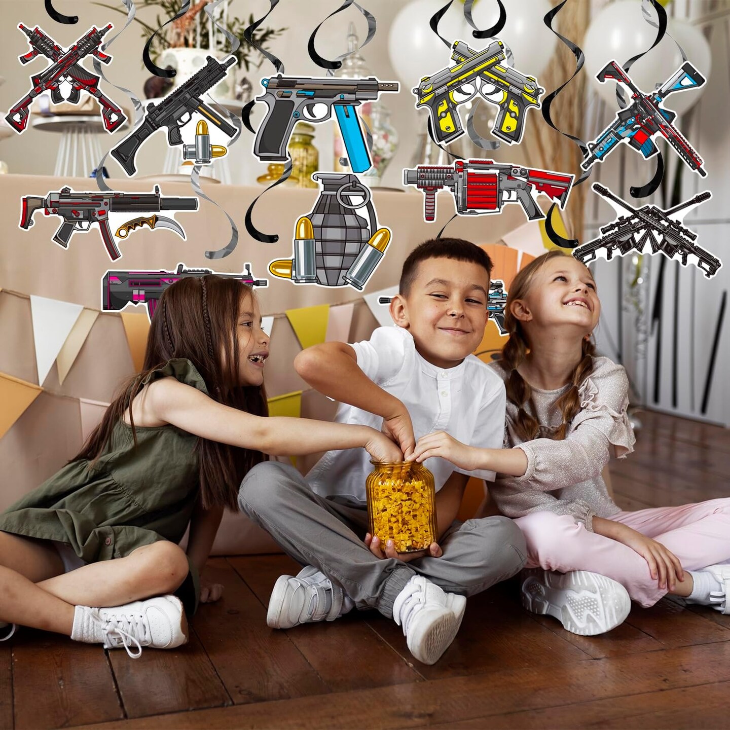 Gun Hanging Swirls Gun Pistol Party Hanging Decorations 20PCS Gun Shooting Ceiling Swirls Gun Themed Birthday Party Hanging Streamers for Gun Party Baby Shower Supplies