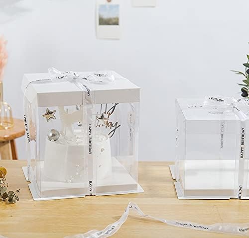 2-Pack Large Cake Boxes, 10"x10"x9" Clear PET Cake Carrier with Ribbon & Pre-Folded Lid – Perfect for 8" Cakes, Layer Cakes, Cupcakes, Desserts, and Gift Display (White Base)