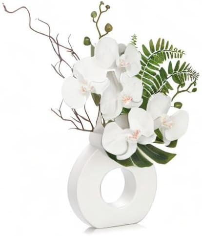 Orchid Artificial Flowers 16.1'' White Orchid Silk Flowers with Ceramic Vase Faux Orchid Arrangement for Home Office Table Centerpiece Indoor Decoration