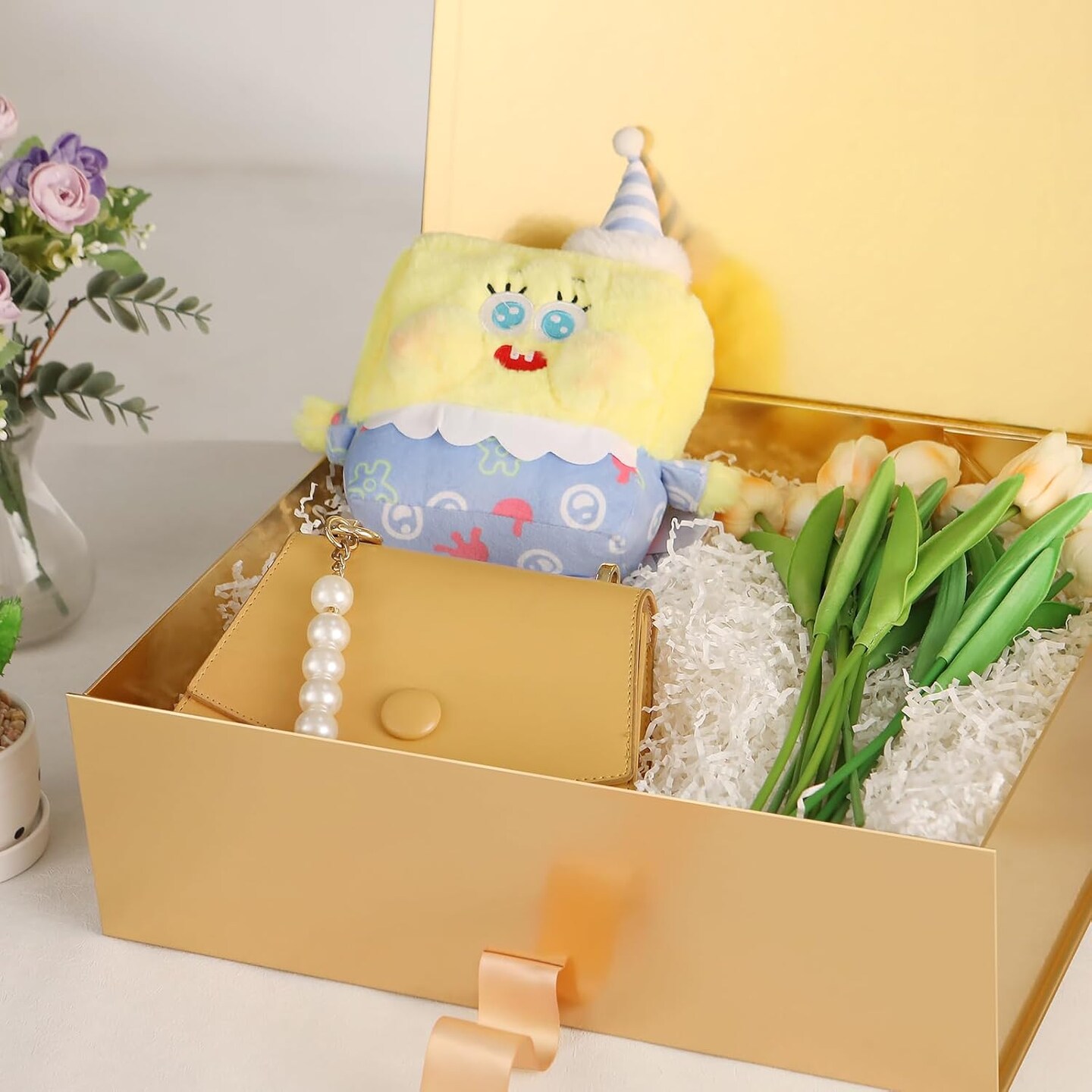 Extra Large Gift Box with Lid for Present 16.3x14.2x5 Inches, Mother&#x27;s Day Gold Magnetic Gift Box with Ribbon, Bridesmaid Proposal Gifts Box