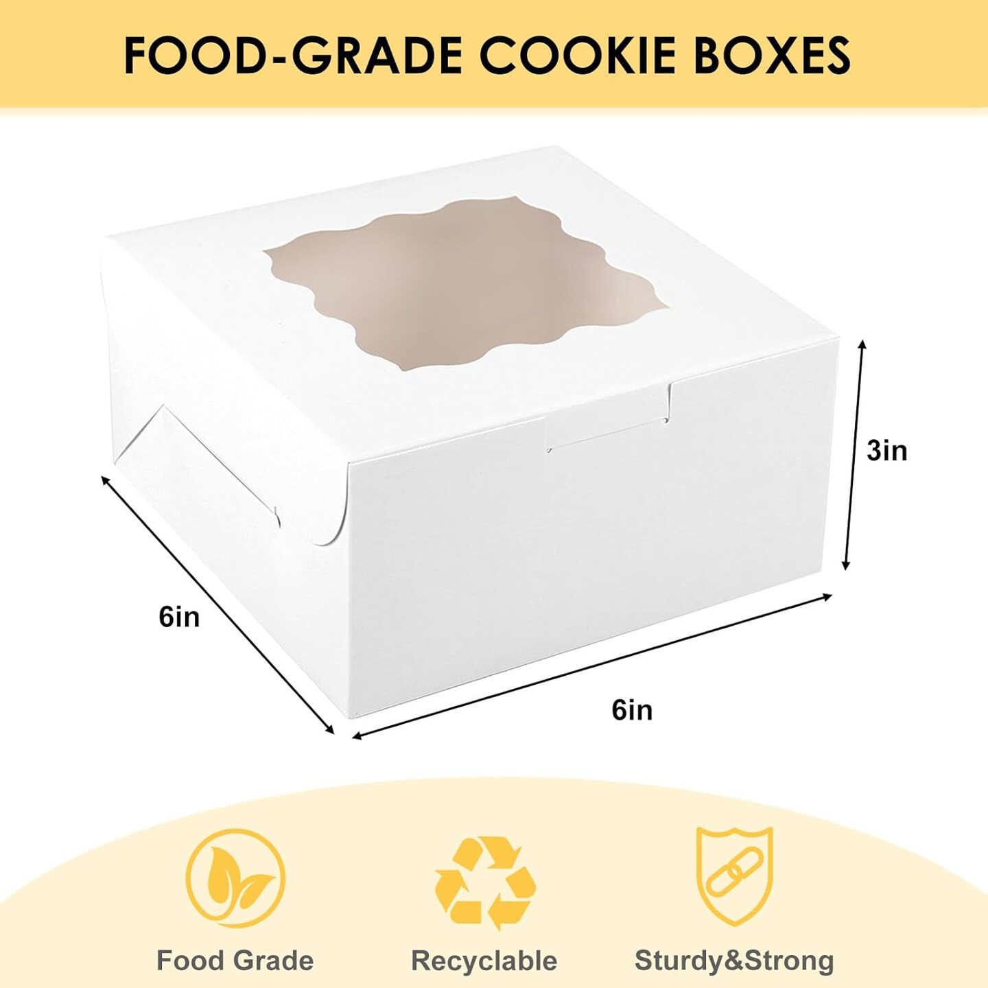 30pcs Bakery Boxes, 6x6x3 Inches Cookie Box with Window, White Treat Containers for Small Pie, Chocolate Covered Strawberries, Cupcake and Easter Pastry