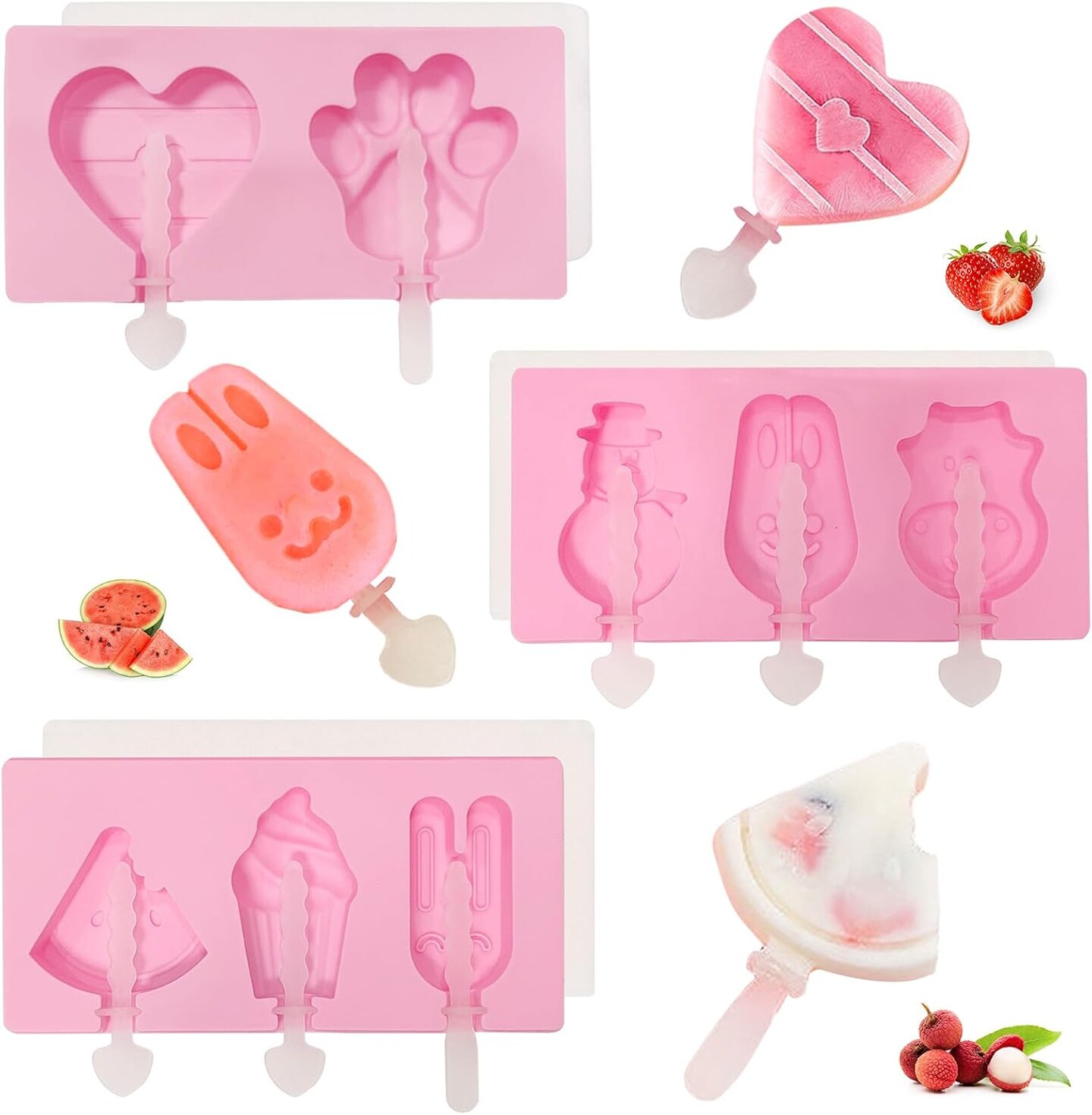 3 Pack Popsicle Molds, Silicone Popsicle Molds for Kids, Ice Pop Mold with Lids, 12 Reusable Sticks for Homemade Ice Cream Popsicle Pops Cartoon