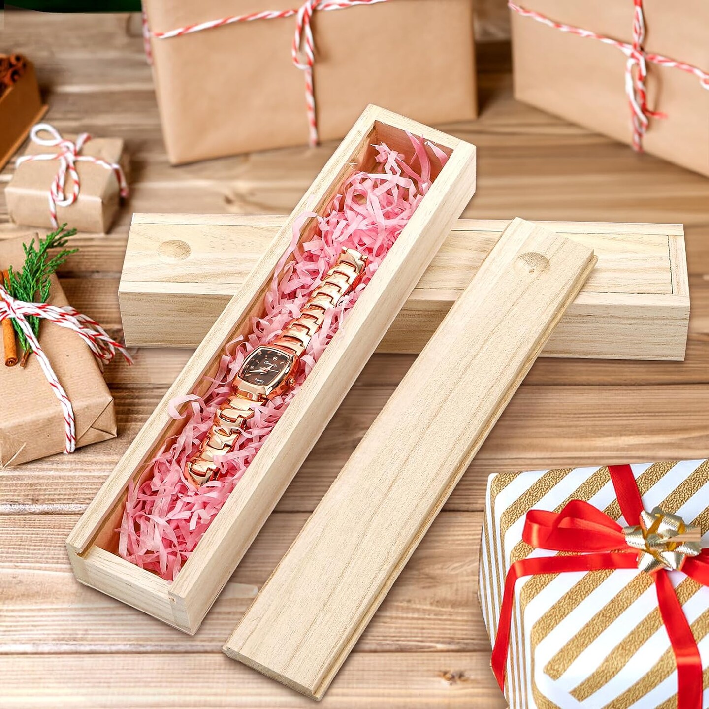 16 Pack Unfinished Wood Box with Sliding Lid, Small Narrow Pencil Box Rectangular Keepsake Case Small Gift Boxes for Art Hobbies, DIY Craft, Jewelry Necklace Storage