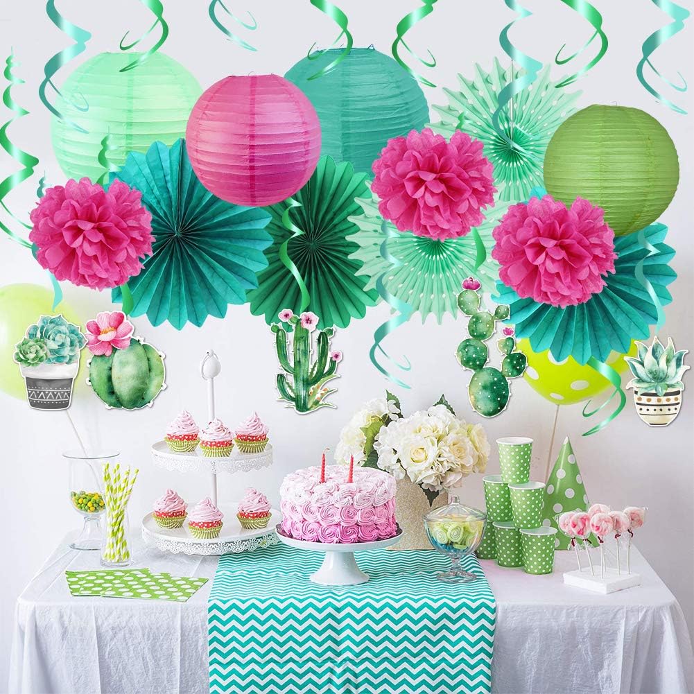Summer Party Decoration Llama Party Hanging Cactus Swirls Paper Lanterns for Hawaiian Luau Tropical Party Plant Birthday Party Decorations