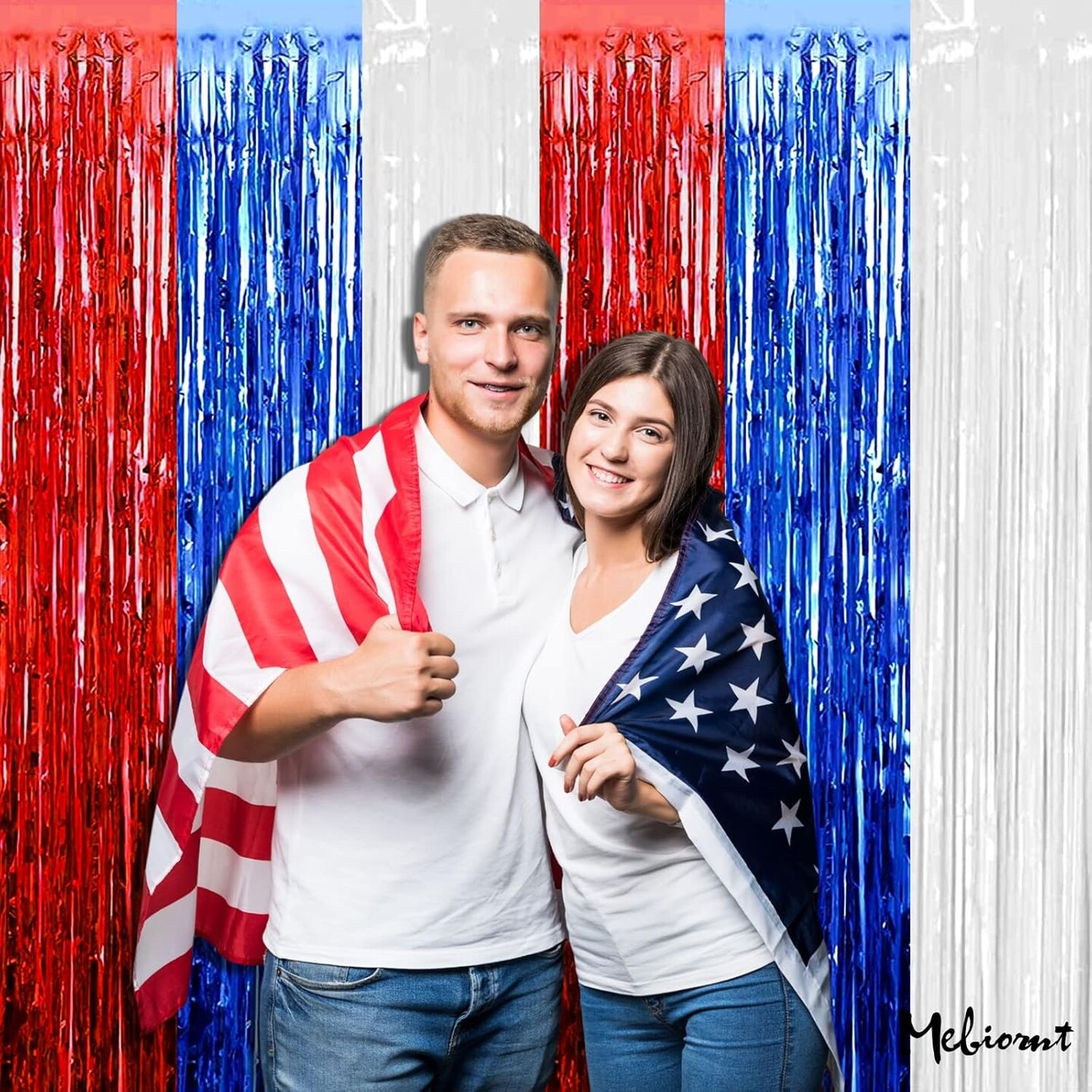 4 Pack 3.2Ft x 8.2Ft Independence Day Fringe Curtain Backdrop, Red Blue White Metallic Tinsel Foil Fringe Streamers Curtains Background for Photo Booth Birthday Wedding Carnival Party Decorations