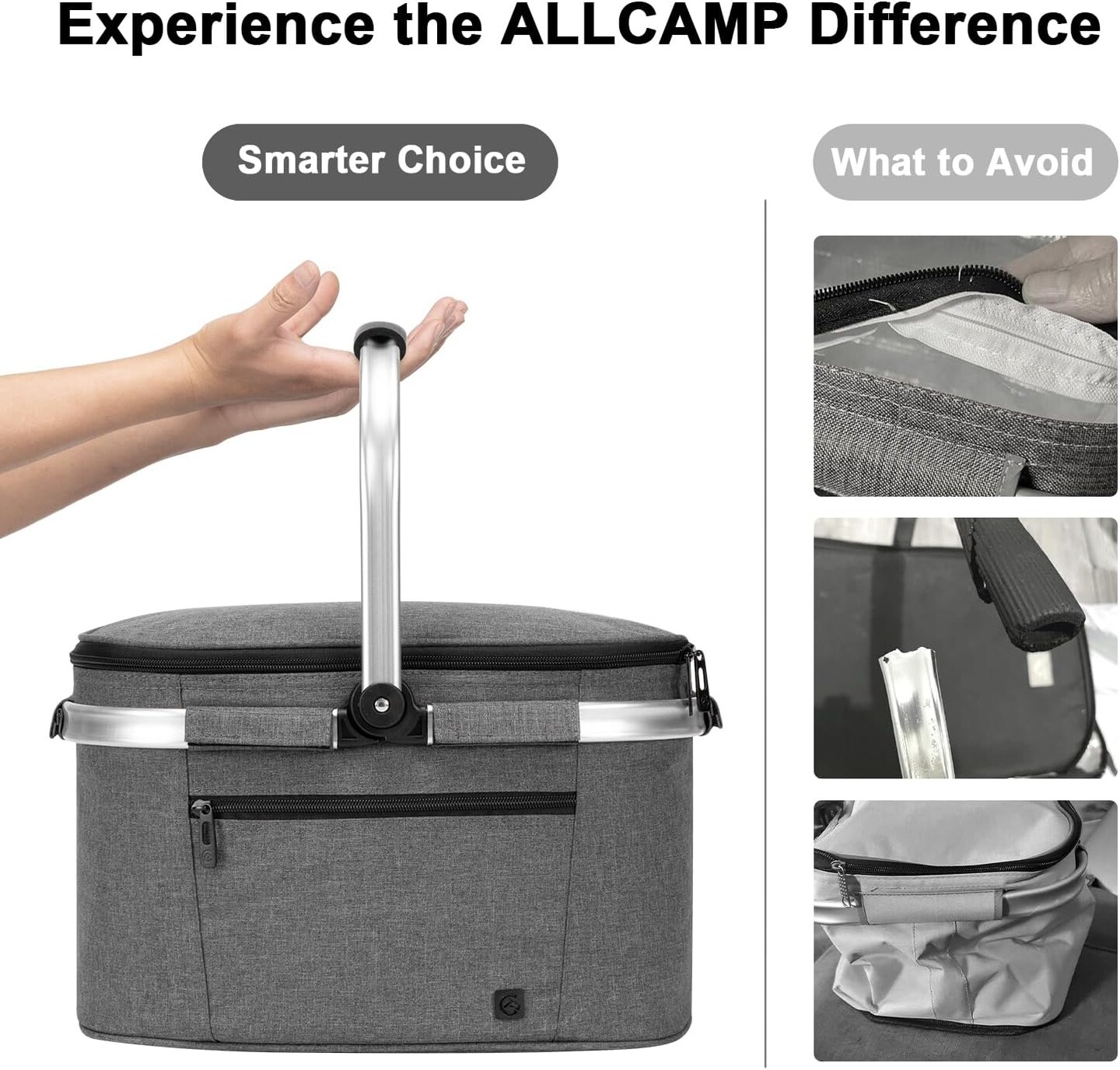 Insulated Cooler Bag Portable Collapsible Picnic Basket Cooler Bag Collapsible, Leakproof, Lightweightwith Sewn in Frame (Medium Gray