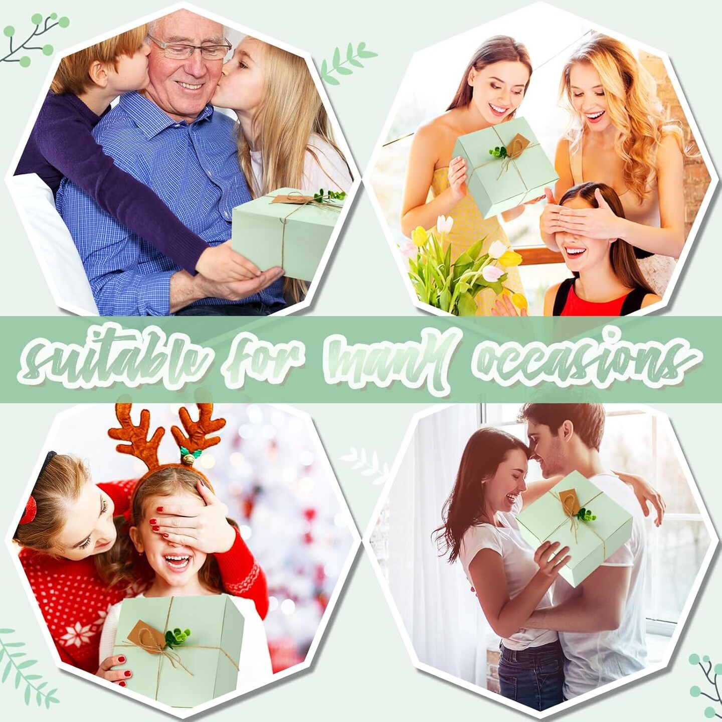 8 pack Gift Box Set 8 Bridesmaid Proposal Box 8 Wedding Gift Kraft Paper Tag 8 Eucalyptus 120g Leaves Paper Shred Filler 1 Rope for Mother's Day Birthday(Green, Ivory,8 x 8 x 4 Inch)