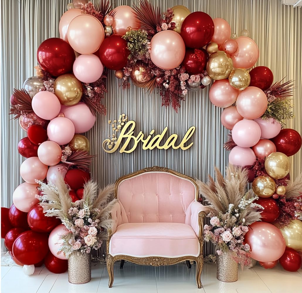 Burgundy Pink Balloon Garland - Double Stuffed Ruby Red Pearl Pink Gold Balloon Arch Kit Wine Red Maroon Metallic Balloons for Birthday Baby Bridal Shower Mother&#x27;s Day Engagement Wedding Party Decor
