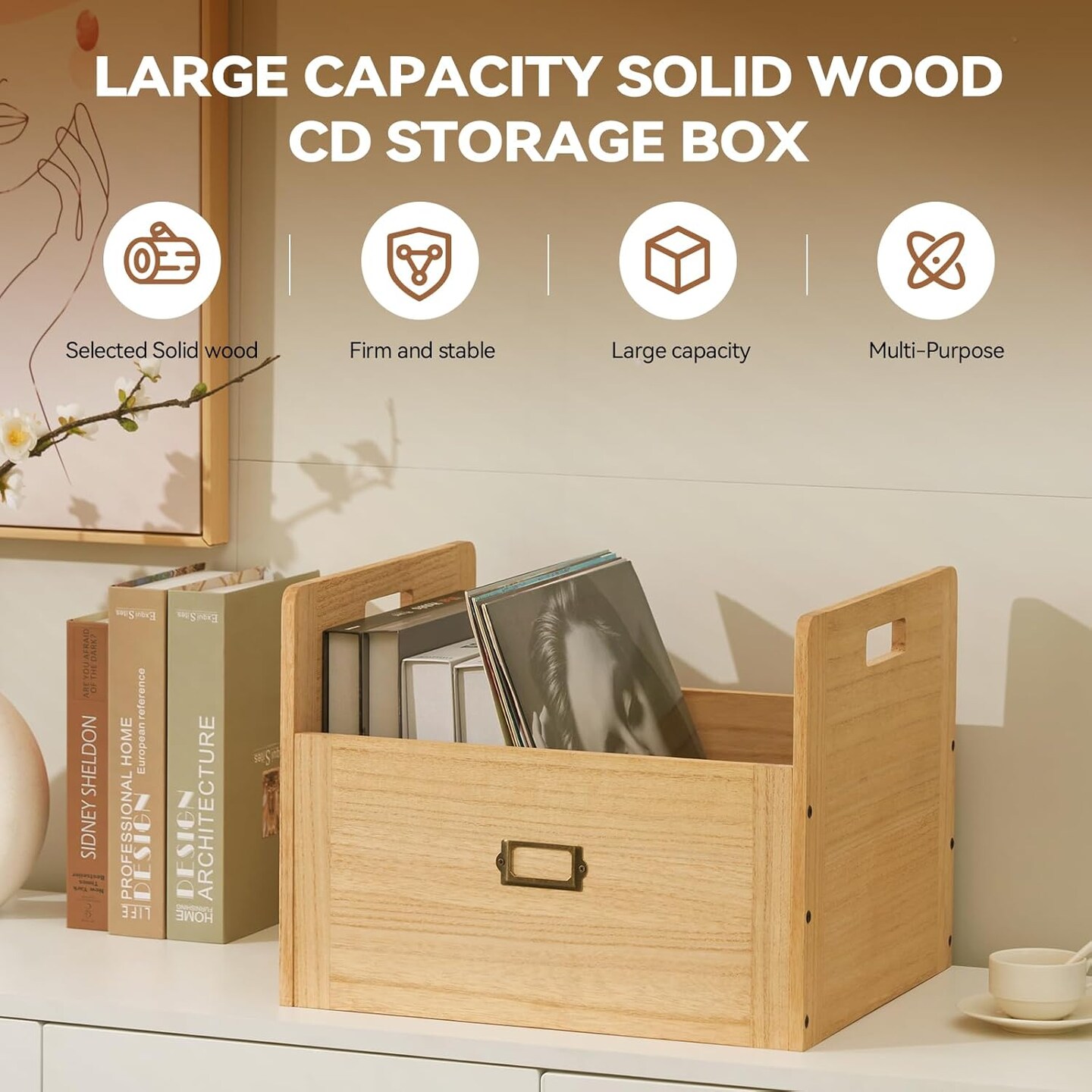 Wooden Vinyl Record Storage Box Storage Crate Box for LP Hold Up to 80 Records Natural