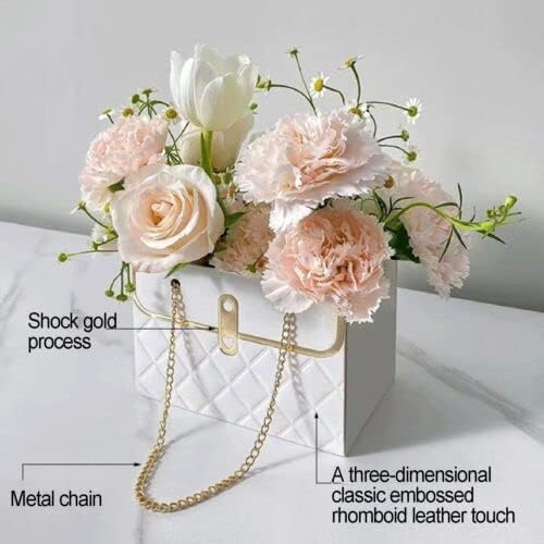 4 PCS Flower Paper Gift Box, Bouquet Storage Bucket Florist Handbag with Metal Chain