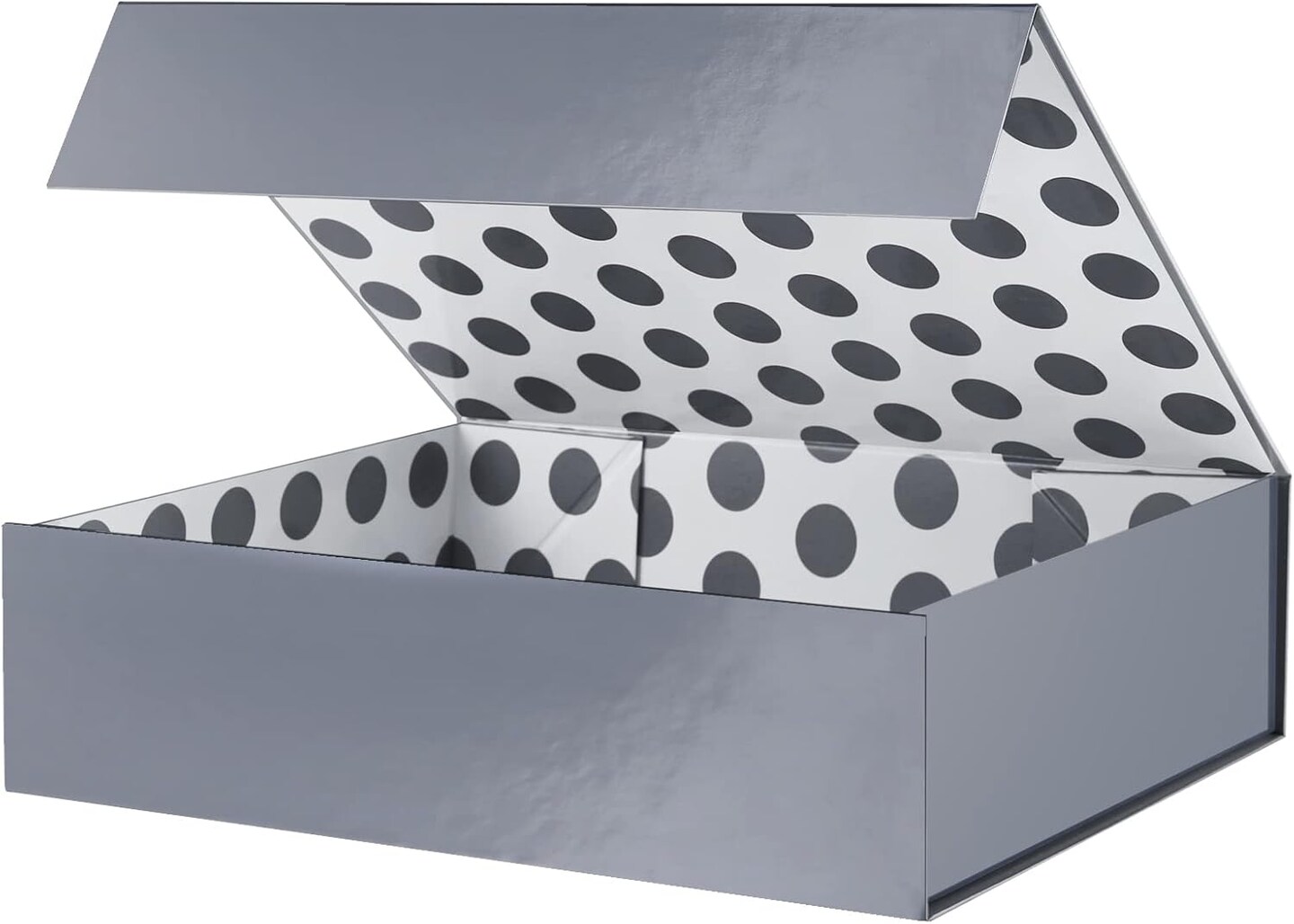 Large Grey Magnetic Gift Box with Lid (13 × 9.7 × 3.4 in) – Glossy Metallic Grey Gift Box with Polka Dot Interior for Clothes, Accessories & Presents