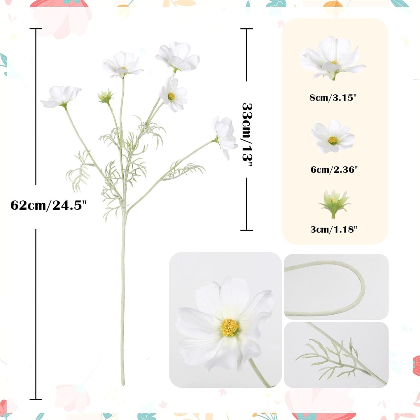 Summer Daisy Flowers Artificial White Cosmos Tabletop Decor Silk Flowers 5PCS Fake Wildflowers Artificial Daisies Faux Flowers for Living Room Decor Wedding Bouquets for Bride (White)