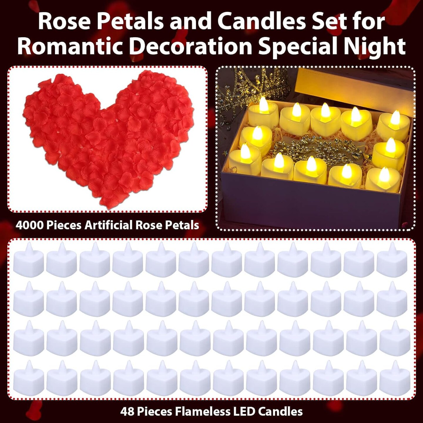 Rose Petals and Candles Set for Romantic Decorations, 48 Romantic Candles with 4000 Fake Rose Petals for Special Night, Hotel Room, Date Night, Bedroom, Valentine's Day Decorations