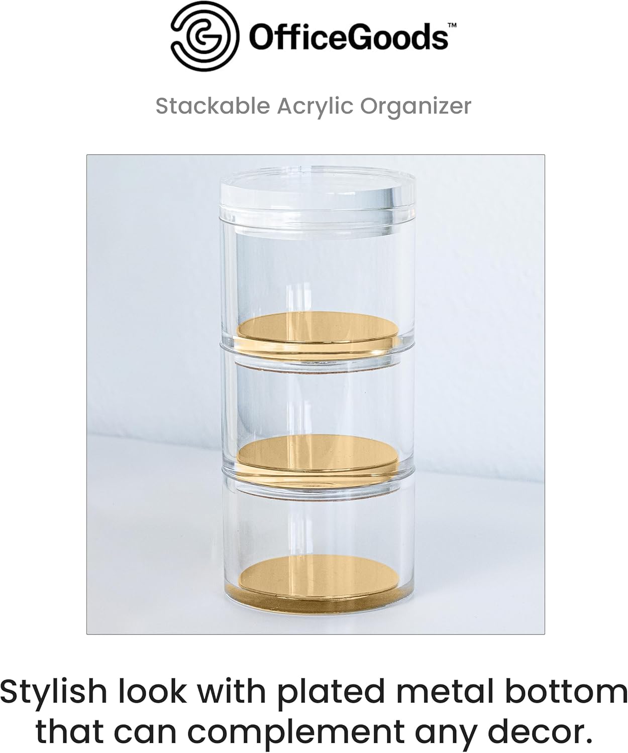 3-Tier Stackable Acrylic Holder- Stylish Desk Organizer and Storage for Office or Home &#x2013; Transparent Round Design with Gold Metal Base