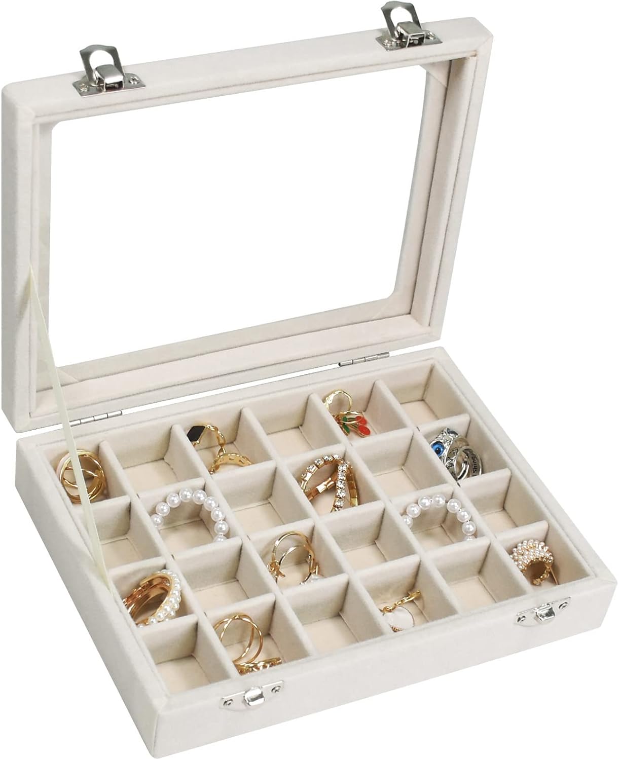 Velvet Jewelry Box 24-Grid Ring & Earring Display Organizer Tray – Jewelry Storage Case for Women, Girls, Wife, Mom (Beige)