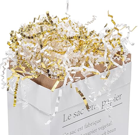 2 LB Crinkle Cut Paper Shred Filler White & Gold Crinkle Shredded Paper for Gift Box - Gift Basket Bag Filler - Grass Cushion Stuffing for Christmas Holiday Packaging Wrapping