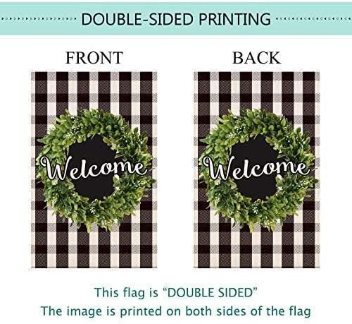 Boxwood Wreath Welcome House Flag Vertical Double Sided, Buffalo Check Plaid Rustic Farmhouse Burlap Garden Yard House Flag Outdoor Decoration 28 x 40 Inch