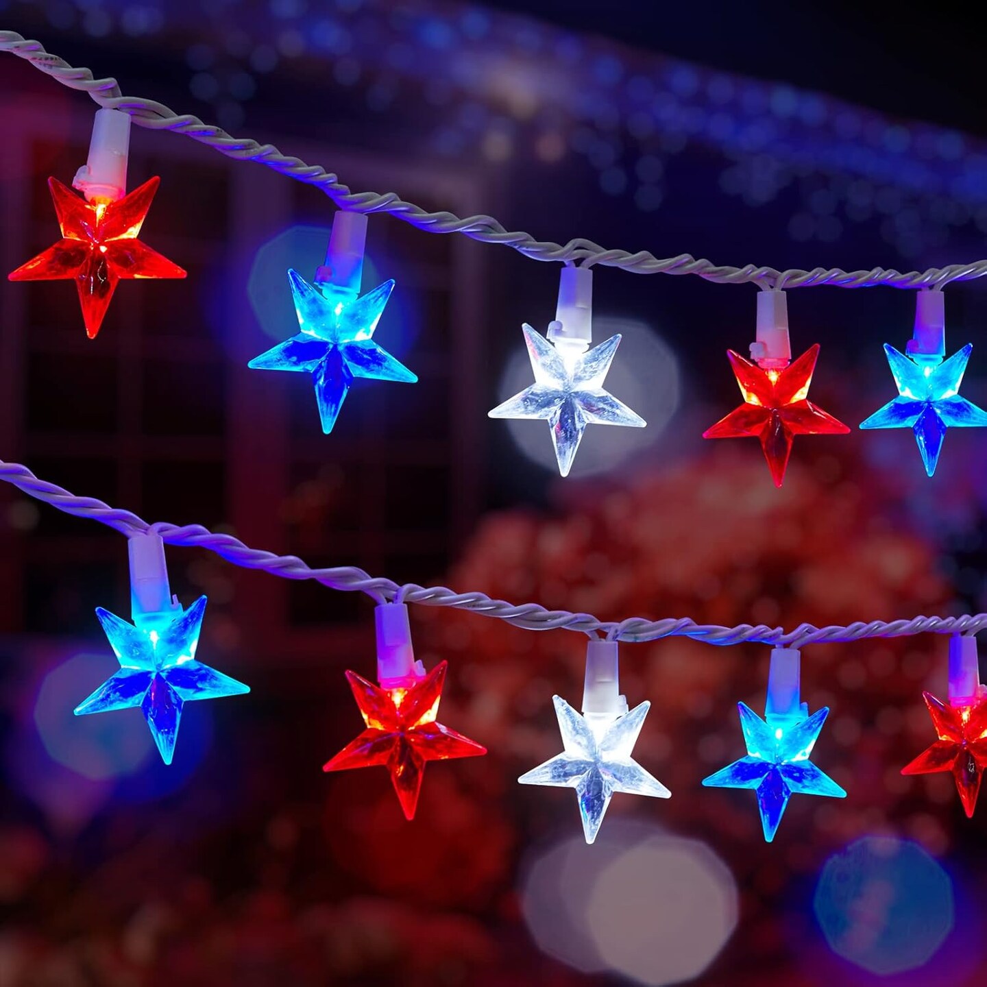 50-LED Patriotic Star String Lights - 17ft Waterproof Red, White, and Blue Star Fairy Lights - Connectable Outdoor Decor for 4th of July, Memorial Day, and 2026 Sestercentennial Celebrations