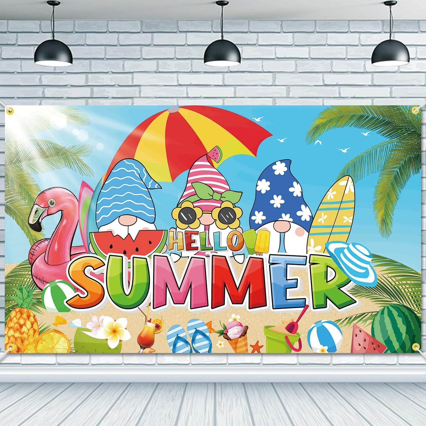 Backdrop Banner for Hello Summer 73 x 43 Inch Large Size Flamingo Palm Tree Background Banner for Summer Vacation Party Decorations for Summer Beach Pool Party Indoor Outdoor Photo Booth Props