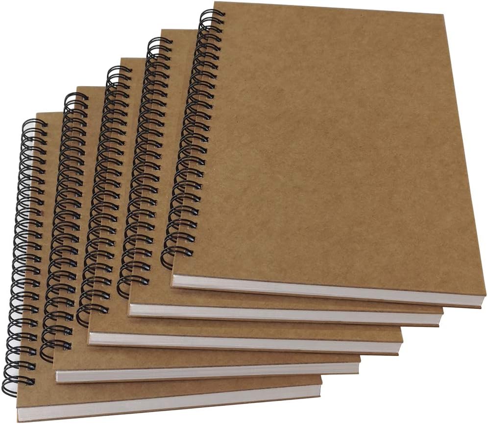 A5 Spiral Notebook Blank, 100gsm Thick Paper &#x26; Hard Kraft Cover, 60 Sheets (120 Pages), 8.35&#x22; x 5.9&#x22;, Brown, 5 Pack