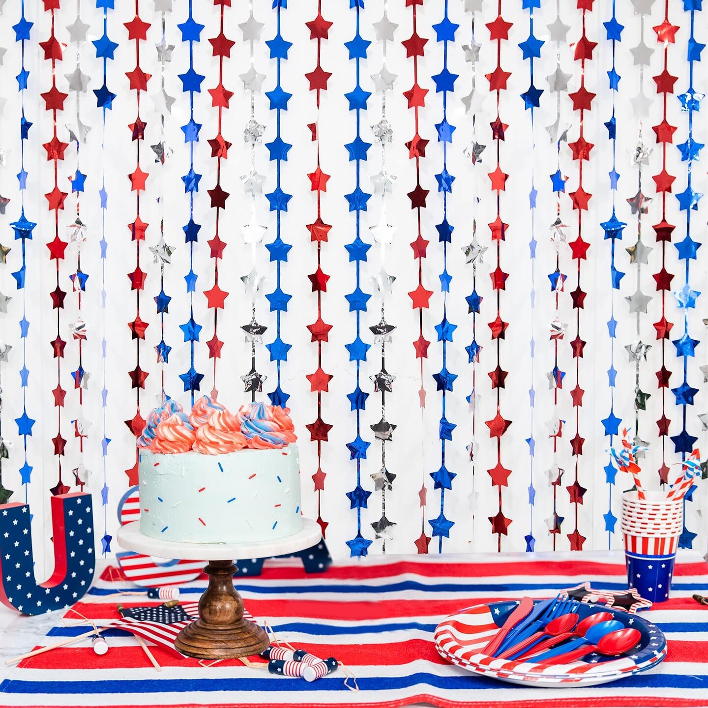 4th of July Decorations, 4 Pack Red Blue and White Star Tinsel Foil Fringe Curtains with 1 Pack Banner, Independence Day Fringe Curtain Backdrop for Photo Booth, Memorial Day, Patriotic Party