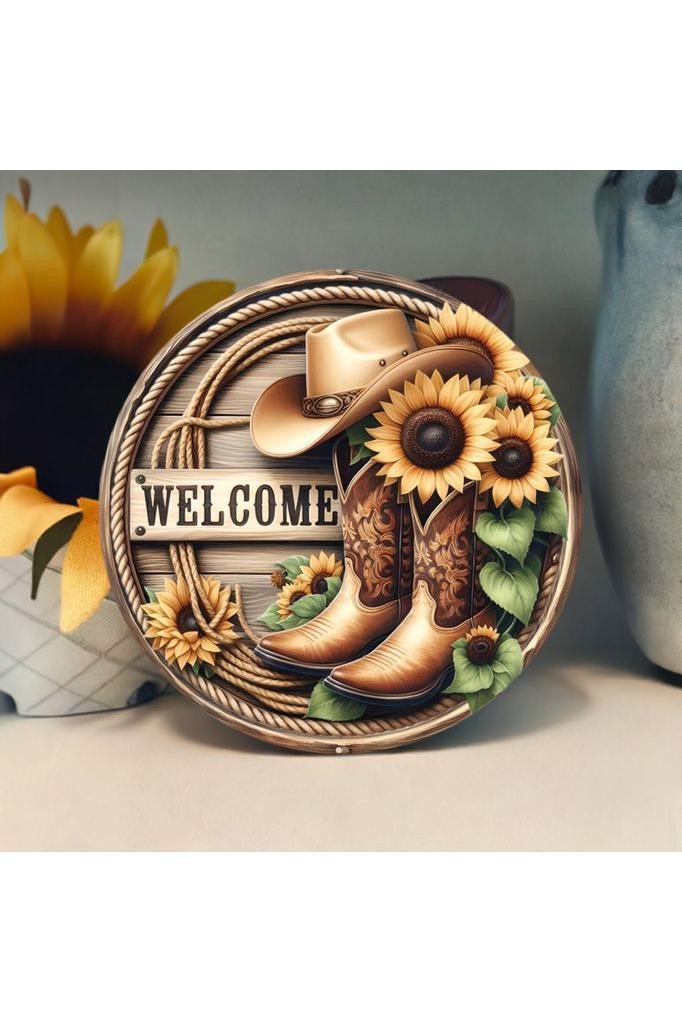 Welcome Cowboy Boots Sunflower Round Sign