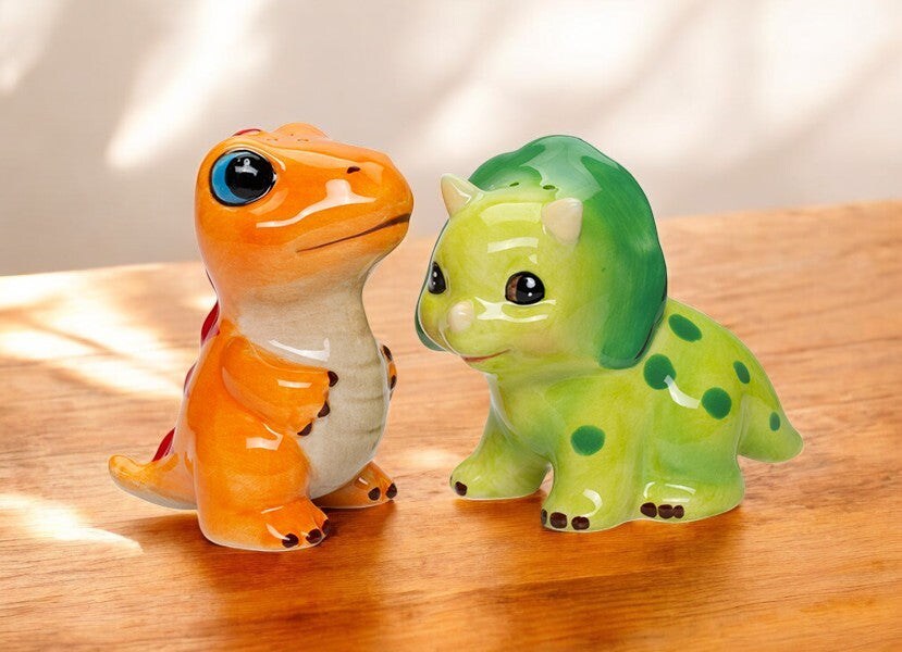 Ceramic Dinosaurs Salt and Pepper Shakers, Children&#x27;s Room Decor, Gift for Boy