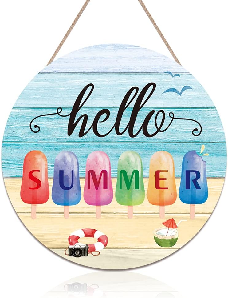 Hello Summer Front Door Sign Hanger(12&#x22;x12&#x22;), Summer Themed Wooden Door Decoration Hanging with Beach Popsicle Ice Cream, Round Welcome Summer Sign Decoration for Home Front Door Outdoor